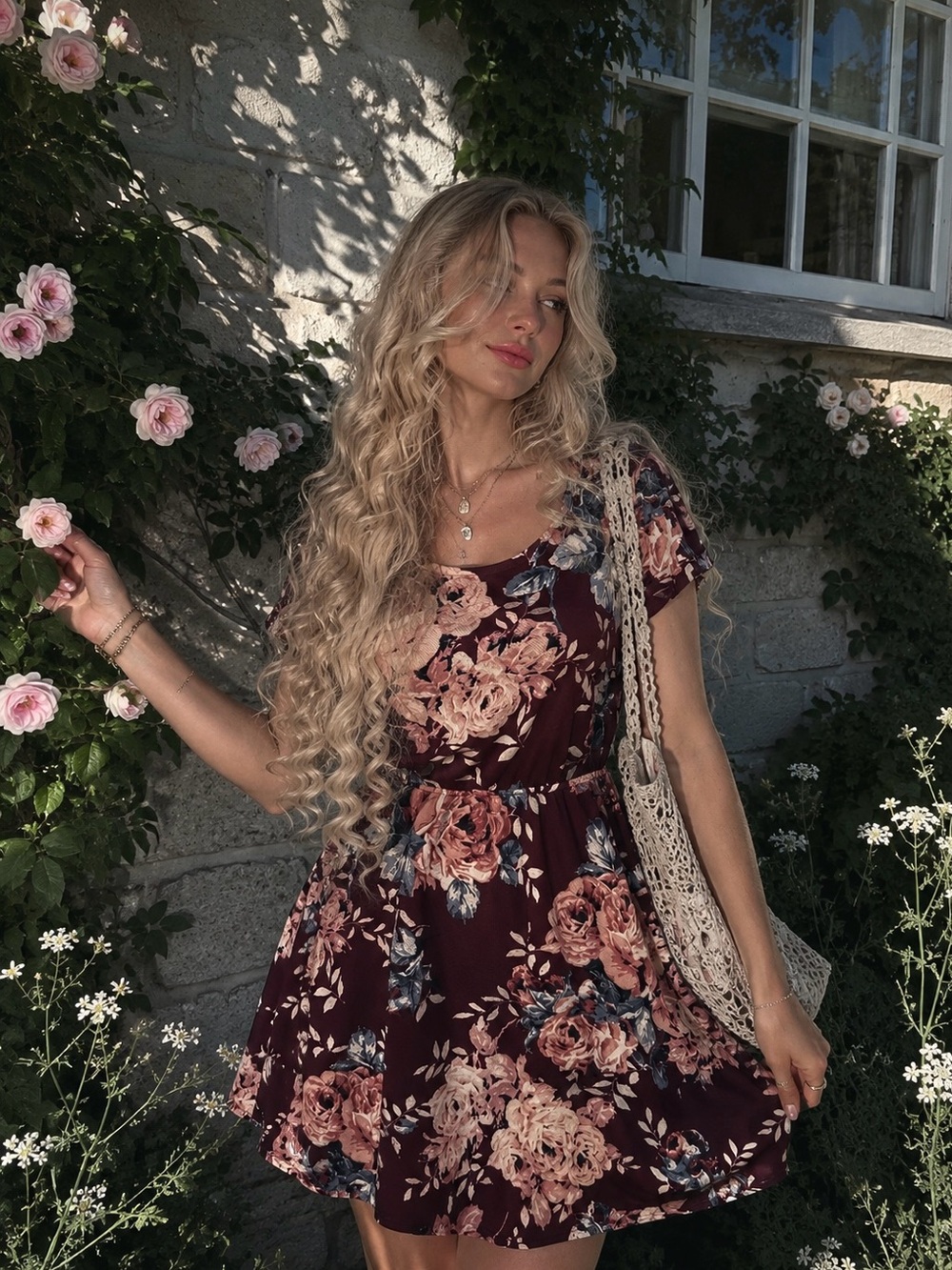 Dolls Preppy Spring Floral Short Sleeve Skater Dress in Burgundy